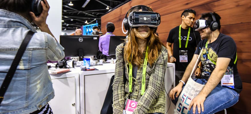 Woman wearing a virtual reality headset.